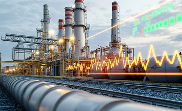 Infrastructure énergétique industrielle avec conduites et graphiques illustrant la fluctuation des prix de l’énergie