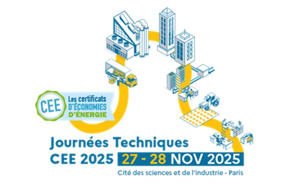 Visuel promotionnel des Journées Techniques CEE 2025, les 27 et 28 novembre 2025 à la Cité des sciences et de l’industrie à Paris. Illustration de bâtiments, camions, panneaux solaires et éoliennes reliés par un ruban jaune symbolisant la transition énergétique. Logo CEE (Certificats d’Économies d’Énergie)